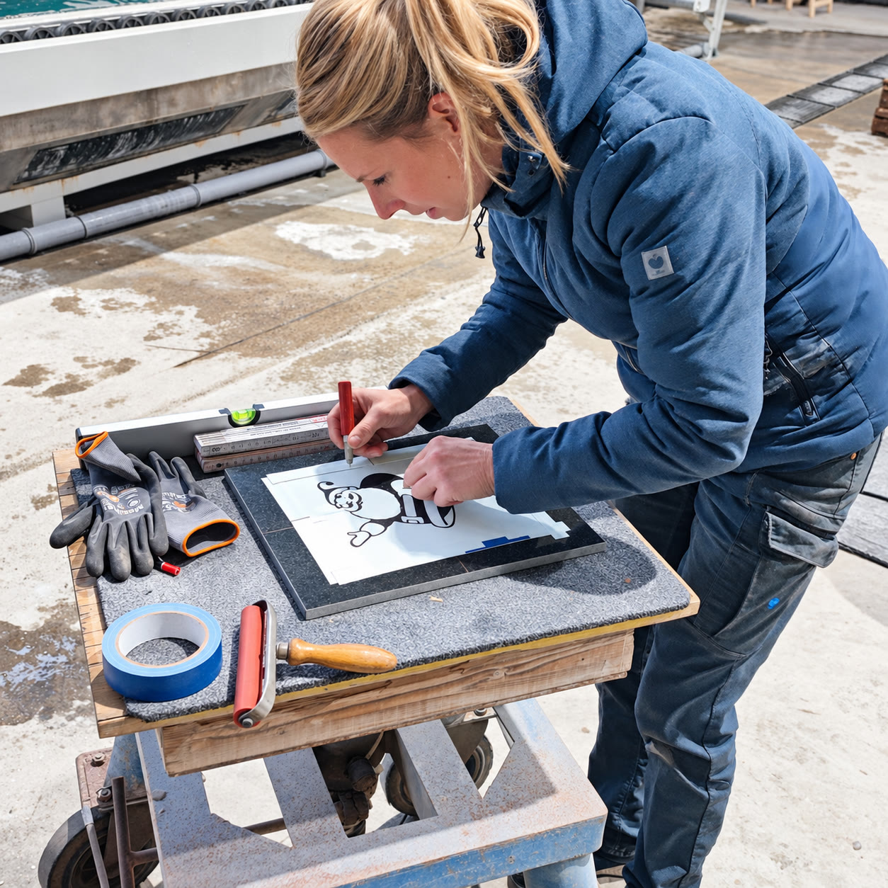 Lisa Handel arbeitet in der eigenen Steinwerkstatt am Werkstück